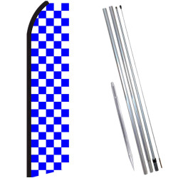 Checkered BLUE/WHITE Flutter Feather Flag Bundle (11.5' Tall Flag, 15' Tall Flagpole, Ground Mount Stake)