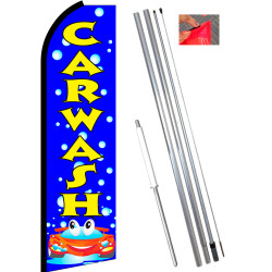 CAR WASH (Blue/Yellow) Flutter Feather Flag Bundle (11.5' Tall Flag, 15' Tall Flagpole, Ground Mount Stake)