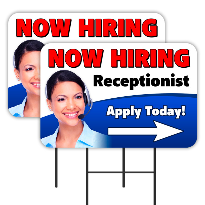 Now Hiring Receptionist 2 Pack Double-Sided Yard Signs 16" x 24" with Metal Stakes (Made in Texas)