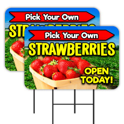 Pick Your Own Strawberries 2 Pack Double-Sided Yard Signs 16" x 24" with Metal Stakes (Made in Texas)