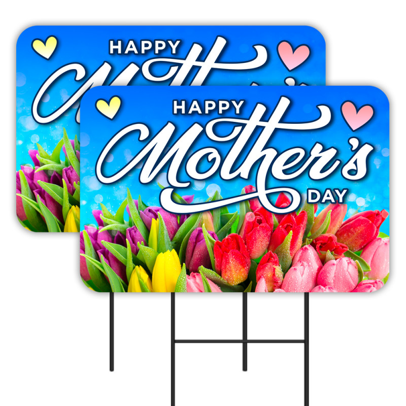 Happy Mothers Day 2 Pack Double-Sided Yard Signs 16" x 24" with Metal Stakes (Made in Texas)