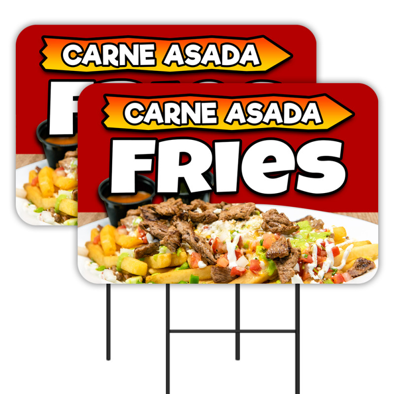 Carne Asada Fries 2 Pack Double-Sided Yard Signs 16" x 24" with Metal Stakes (Made in Texas)