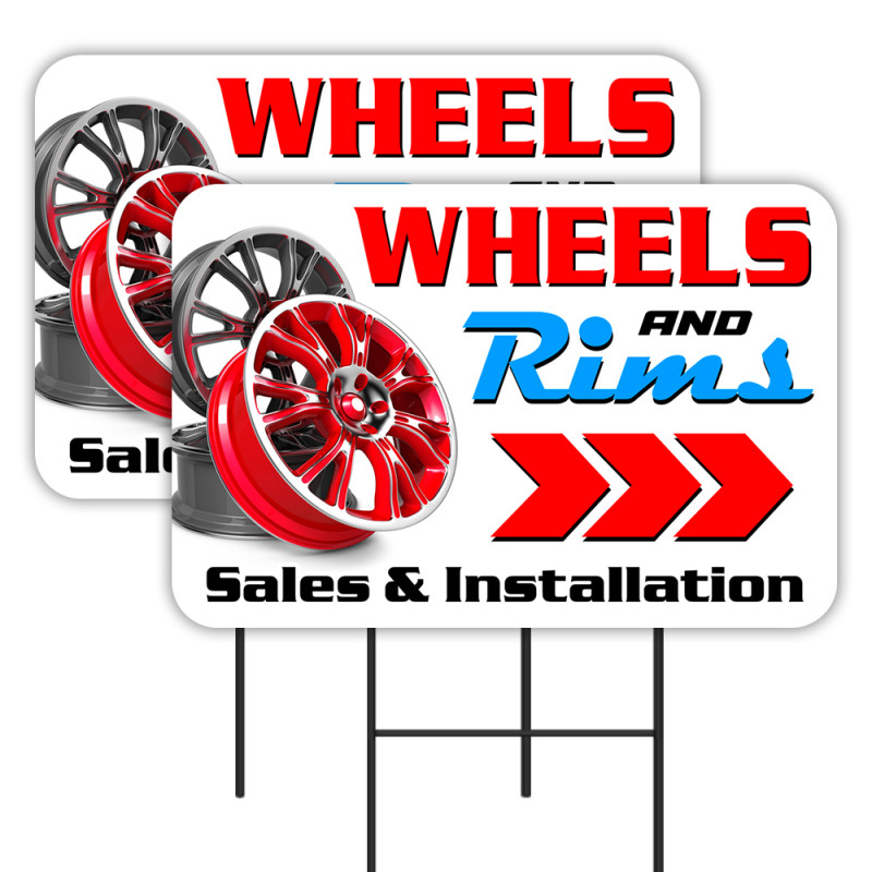 Wheels & Rims 2 Pack Double-Sided Yard Signs 16" x 24" with Metal Stakes (Made in Texas)