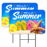 Hello Summer 2 Pack Double-Sided Yard Signs 16" x 24" with Metal Stakes (Made in Texas)
