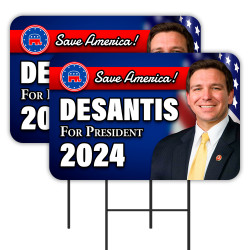 Desantis For President 2024 2 Pack Double-Sided Yard Signs 16" x 24" with Metal Stakes (Made in Texas)