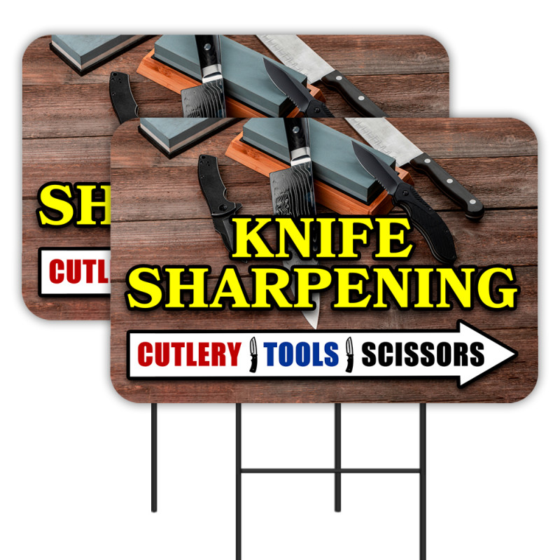 Knife Sharpening 2 Pack Double-Sided Yard Signs 16" x 24" with Metal Stakes (Made in Texas)