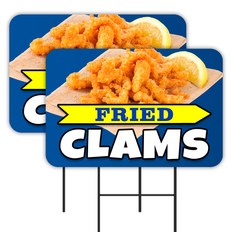 Fried Clams 2 Pack Double-Sided Yard Signs 16" x 24" with Metal Stakes (Made in Texas)