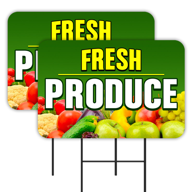 Fresh Produce 2 Pack Double-Sided Yard Signs 16" x 24" with Metal Stakes (Made in Texas)