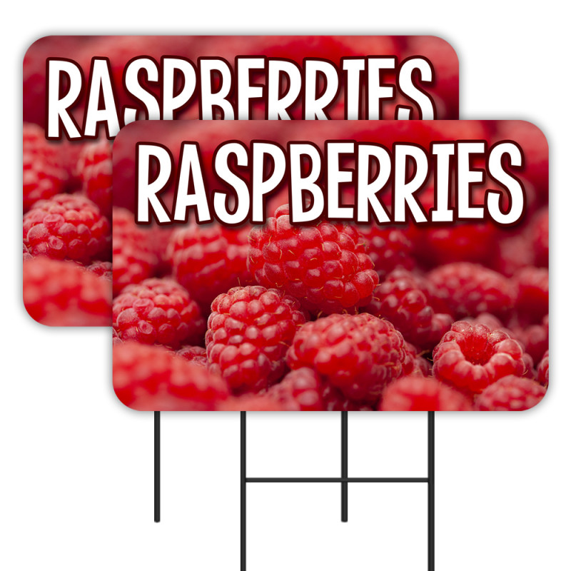 Raspberries 2 Pack Double-Sided Yard Signs 16" x 24" with Metal Stakes (Made in Texas)