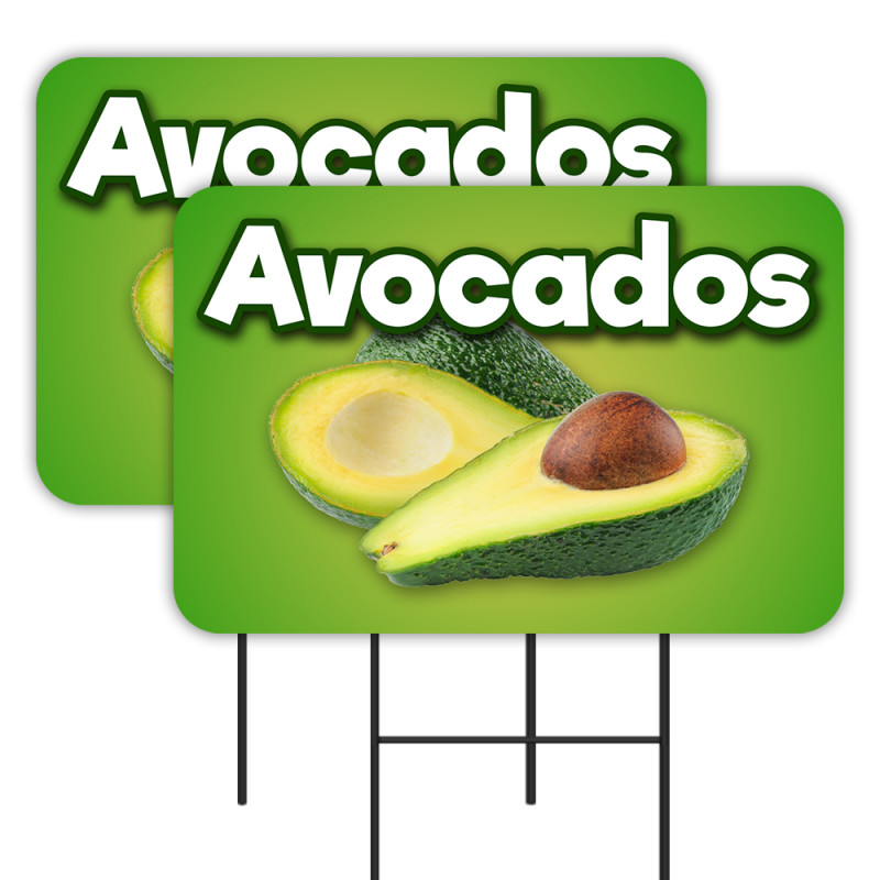 Avocados 2 Pack Double-Sided Yard Signs 16" x 24" with Metal Stakes (Made in Texas)