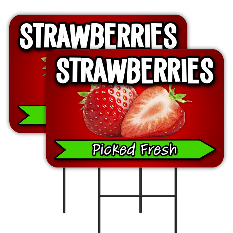 Strawberries 2 Pack Double-Sided Yard Signs 16" x 24" with Metal Stakes (Made in Texas)