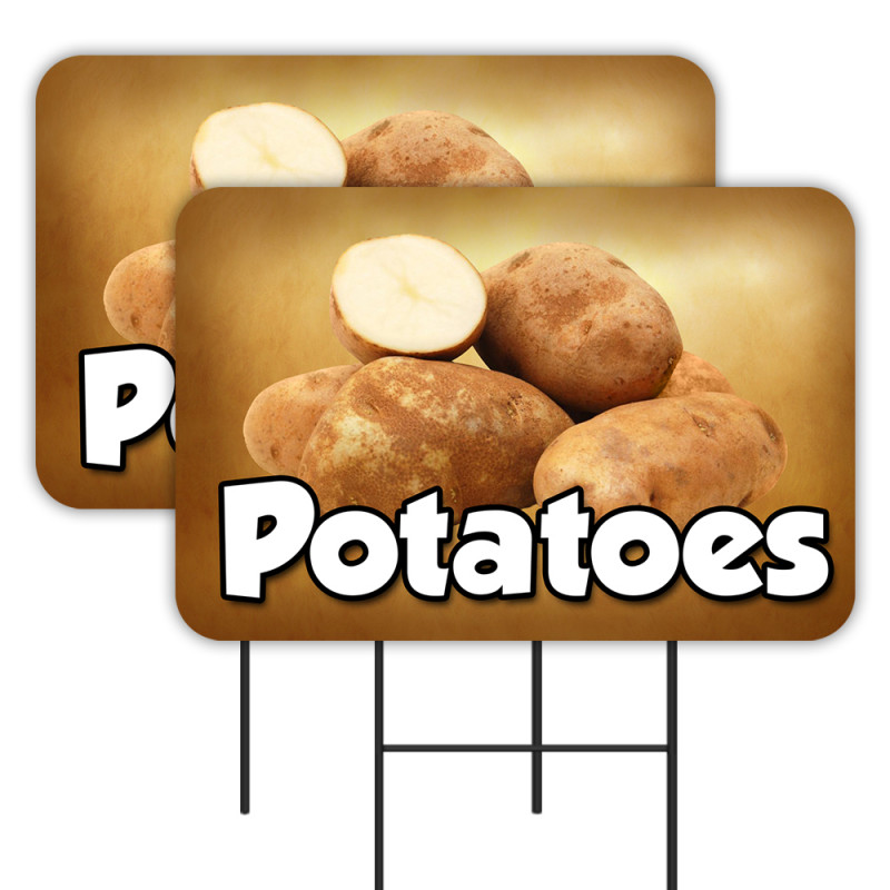 Potatoes 2 Pack Double-Sided Yard Signs 16" x 24" with Metal Stakes (Made in Texas)