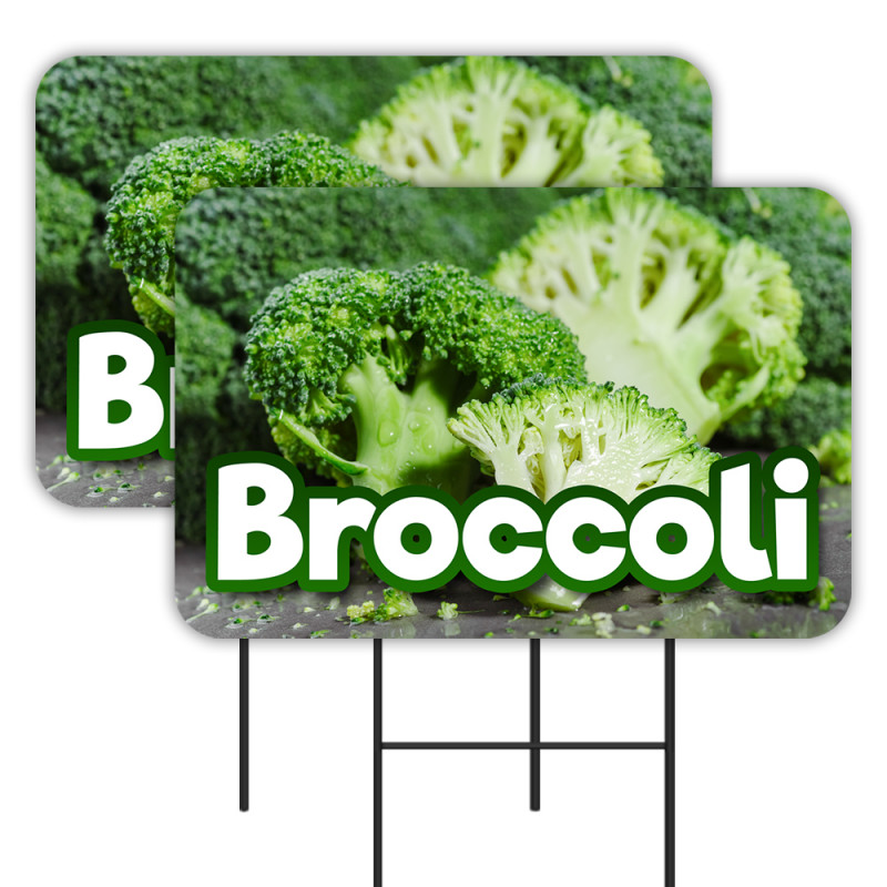 Broccoli 2 Pack Double-Sided Yard Signs 16" x 24" with Metal Stakes (Made in Texas)