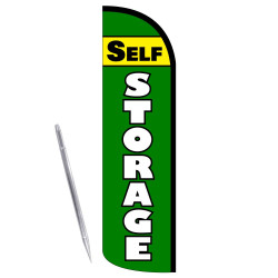 SELF STORAGE (Green/Yellow) Premium Windless Feather Flag Bundle (Complete Kit) OR Optional Replacement Flag Only