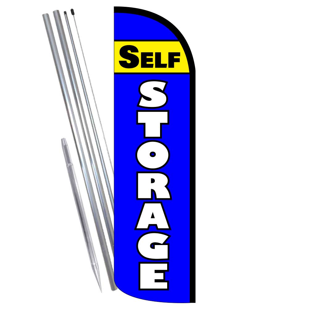 SELF STORAGE (Blue/Yellow) Premium Windless Feather Flag Bundle (Complete Kit) O