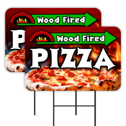 Wood Fired Pizza 2 Pack Double-Sided Yard Signs 16" x 24" with Metal Stakes (Made in Texas)