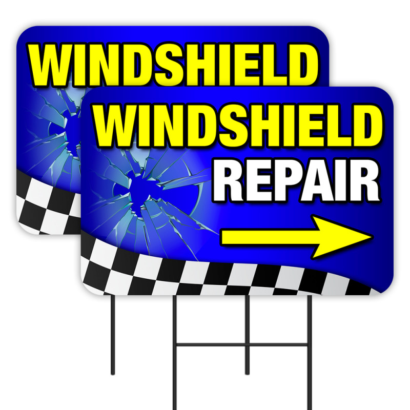 Windshield Repair 2 Pack Double-Sided Yard Signs 16" x 24" with Metal Stakes (Made in Texas)