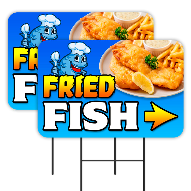 Fried Fish 2 Pack Double-Sided Yard Signs 16" x 24" with Metal Stakes (Made in Texas)