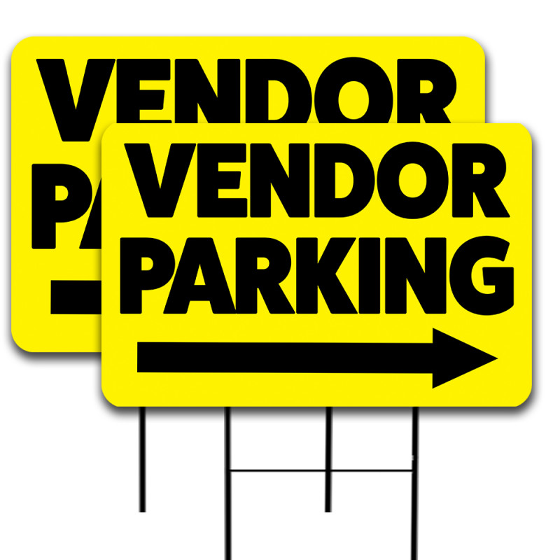 Vendor Parking (Arrow) 2 Pack Double-Sided Yard Signs 16" x 24" with Metal Stakes (Made in Texas)