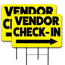 VENDOR CHECK-IN 2 Pack Double-Sided Yard Signs 16" x 24" with Metal Stakes (Made in Texas)