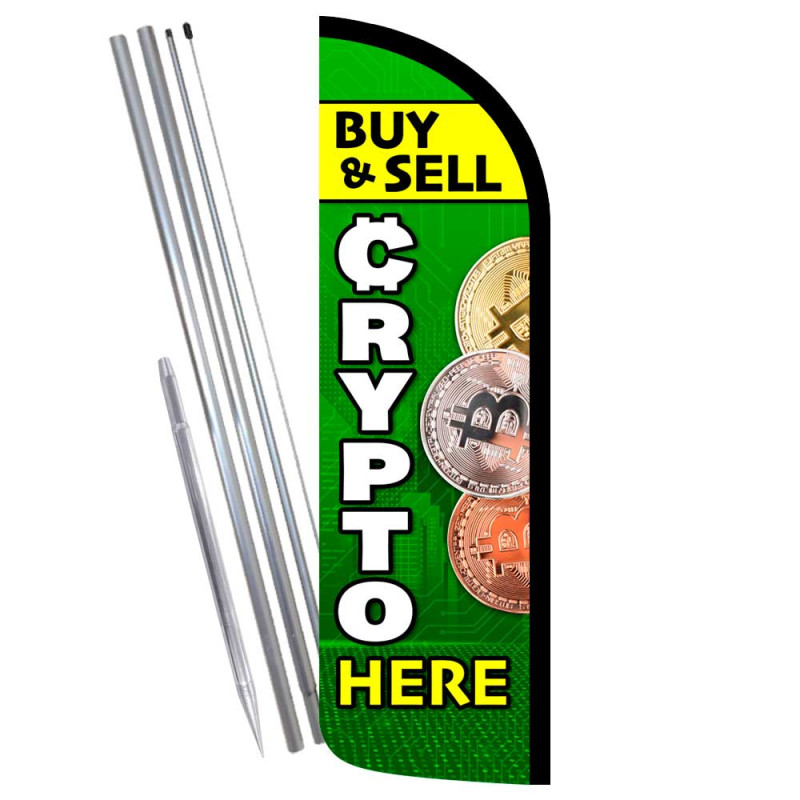 Buy & Sell CRYPTO Here Premium Windless Feather Flag Bundle (Complete Kit) OR Optional Replacement Flag Only