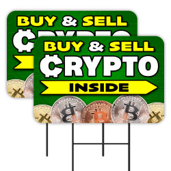 Buy & Sell CRYPTO Inside 2 Pack Double-Sided Yard Signs 16" x 24" with Metal Stakes (Made in Texas)