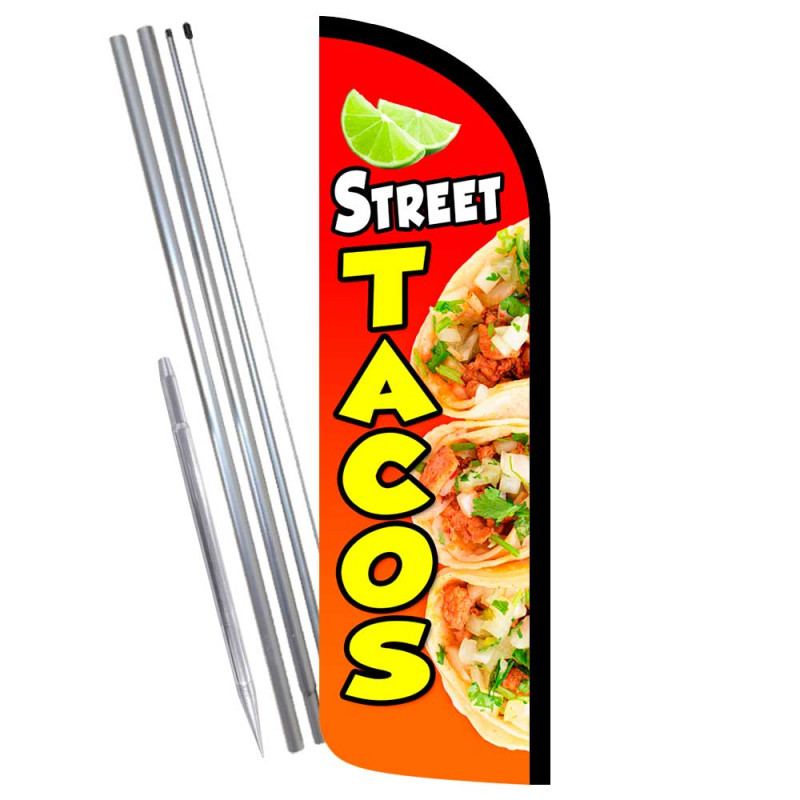 Street Tacos Premium Windless Feather Flag Bundle (Complete Kit) OR Optional Replacement Flag Only
