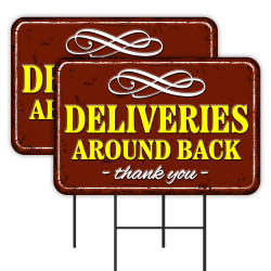 Deliveries Around Back 2 Pack Double-Sided Yard Signs 16" x 24" with Metal Stakes (Made in Texas)