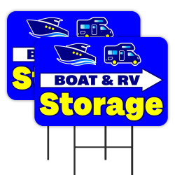 Boat & RV Storage (Blue/Yellow) 2 Pack Double-Sided Yard Signs 16" x 24" with Metal Stakes (Made in Texas)