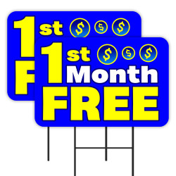 First Month Free (Blue/Yellow) 2 Pack Double-Sided Yard Signs 16" x 24" with Metal Stakes (Made in Texas)