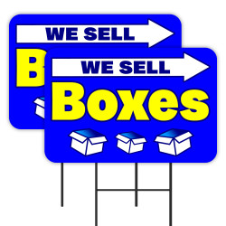 We Sell Boxes (Blue/Yellow) 2 Pack Double-Sided Yard Signs 16" x 24" with Metal Stakes (Made in Texas)