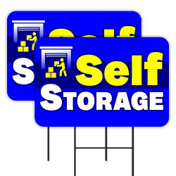 Self Storage (Blue/Yellow) 2 Pack Double-Sided Yard Signs 16" x 24" with Metal Stakes (Made in Texas)