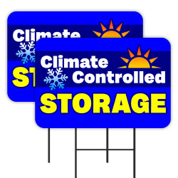 Climate Controlled Storage (Blue/Yellow) 2 Pack Double-Sided Yard Signs 16" x 24" with Metal Stakes (Made in Texas)
