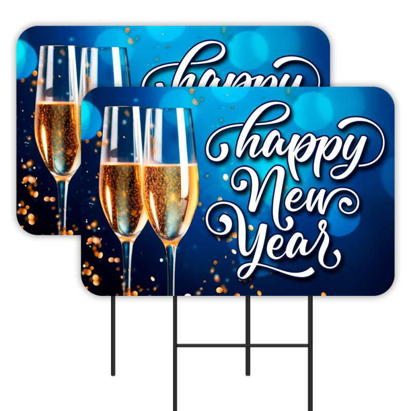 Happy New Year 2 Pack Double-Sided Yard Signs 16" x 24" with Metal Stakes (Made in Texas)
