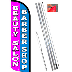BARBER SHOP/BEAUTY SALON (Blue/Pink) Windless Feather Flag Bundle (11.5' Tall Flag, 15' Tall Flagpole, Ground Mount Stake) 84109
