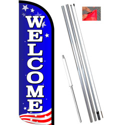 WELCOME (Patriotic White) Windless Feather Flag Bundle (11.5' Tall Flag, 15' Tall Flagpole, Ground Mount Stake)