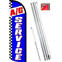 A/C SERVICE (Blue/Checks) Windless Feather Flag Bundle (11.5' Tall Flag, 15' Tall Flagpole, Ground Mount Stake)