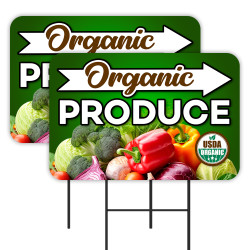 Organic Produce 2 Pack Double-Sided Yard Signs 16" x 24" with Metal Stakes (Made in Texas)
