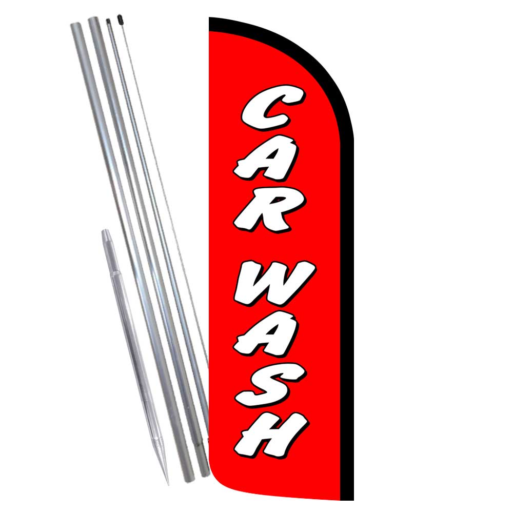 Car Wash (Red/White) Windless Feather Flag Bundle (Complete Kit) OR Optional Rep