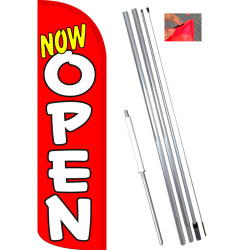 Now Open (Red/White) Windless Feather Flag Bundle (11.5' Tall Flag, 15' Tall Flagpole, Ground Mount Stake)