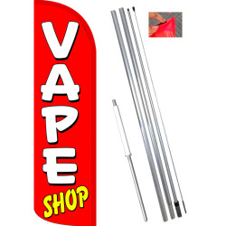 VAPE SHOP (Red/White) Windless Feather Flag Bundle (11.5' Tall Flag, 15' Tall Flagpole, Ground Mount Stake) 841098163204