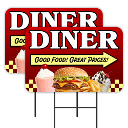 DINER 2 Pack Double-Sided Yard Signs 16" x 24" with Metal Stakes (Made in Texas)