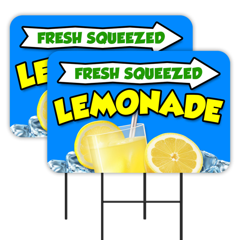 Fresh Squeezed Lemonade 2 Pack Double-Sided Yard Signs 16" x 24" with Metal Stakes (Made in Texas)