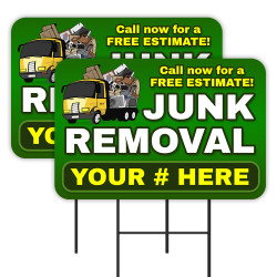 Junk Removal - Customizable Phone Number 2 Pack Double-Sided Yard Signs 16" x 24" with Metal Stakes (Made in Texas)
