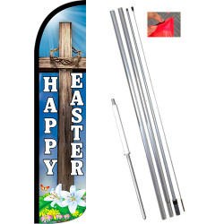 Happy Easter Windless Feather Flag Bundle (11.5' Tall Flag, 15' Tall Flagpole, Ground Mount Stake)
