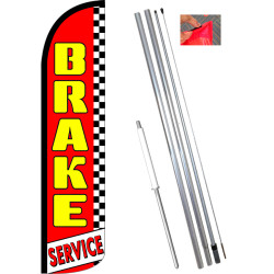 BRAKE SERVICE (Red/Checkered) Windless Feather Flag Bundle (11.5' Tall Flag, 15' Tall Flagpole, Ground Mount Stake)