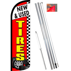 New & Used Tires (Red/Checkered) Windless Feather Flag Bundle (11.5' Tall Flag, 15' Tall Flagpole, Ground Mount Stake) 841098163