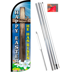 HAPPY EASTER (He Has Risen) Windless Feather Flag Bundle (11.5' Tall Flag, 15' Tall Flagpole, Ground Mount Stake)