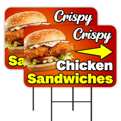 Crispy Chicken Sandwiches 2 Pack Double-Sided Yard Signs 16" x 24" with Metal Stakes (Made in Texas)