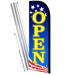 OPEN (Patriotic) Premium Windless Feather Flag Bundle (11.5' Tall Flag, 15' Tall Flagpole, Ground Mount Stake) Printed in the US